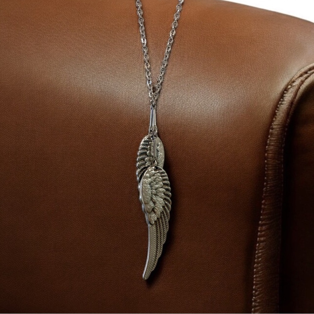 Silver pair of Angel Wings long pendant Necklace